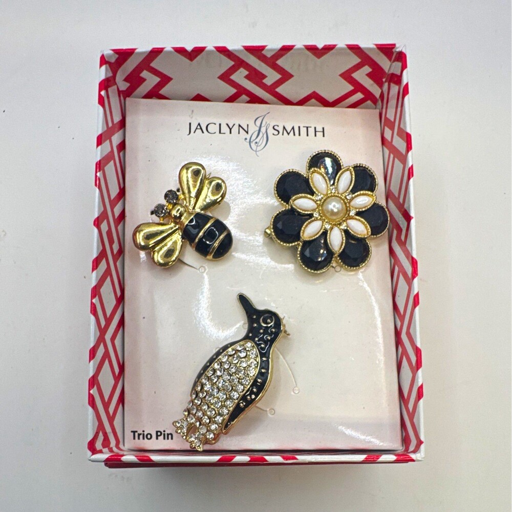 Jaclyn Smith Trio Enamel Pin Set Bee Flower Penguin Rhinestone Faux Pearl
